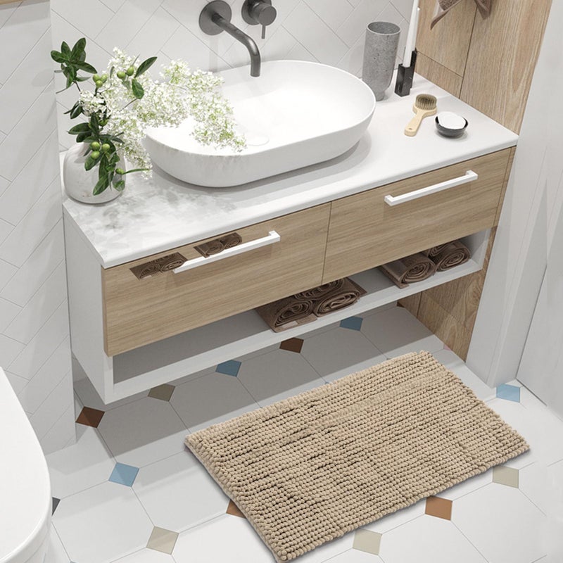 FRESHMINT Chenille Bath Rugs Extra Soft and Absorbent Microfiber Shag Rug, Non-Slip Runner Carpet for Tub Bathroom Shower Mat, Machine-Washable Durable Thick Area Rugs (Light Brown, 24" x 17") - Image 2